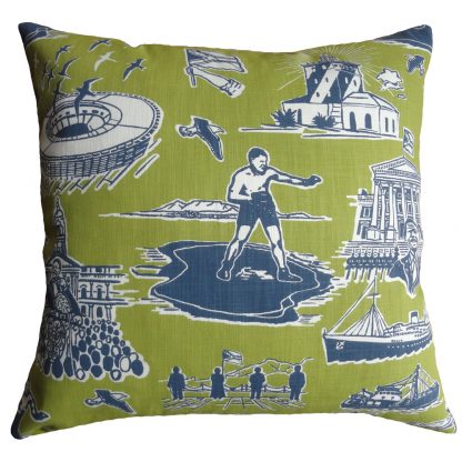 No Man is an Island cushion: 60cm x 60cm - navy chartreuse on white